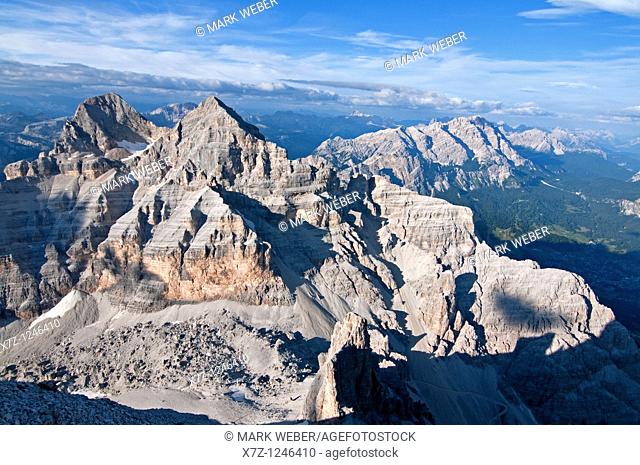 Cortina, view of Tofana Di Mezzo and the Rifugio Giussani from the summit of Tofana Di Rozes after climbing the Giovanni Lipella via ferrata on Tofana De Rozes...