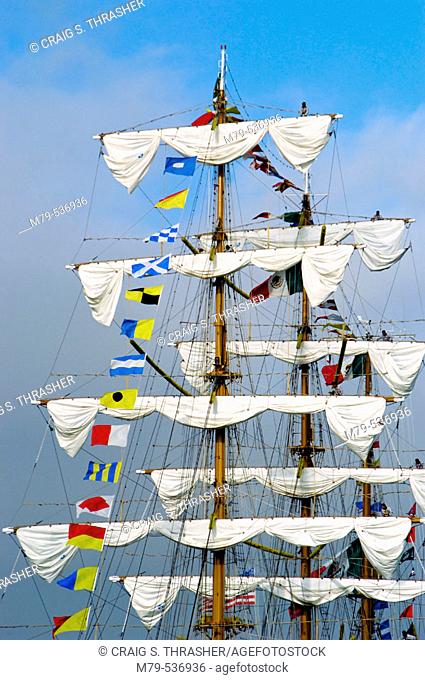 Sails and nautical flags on Mexican tall ship CuauhtŽmoc, steel hull barque training vessel for officers, cadets and sailors of the Mexican Navy