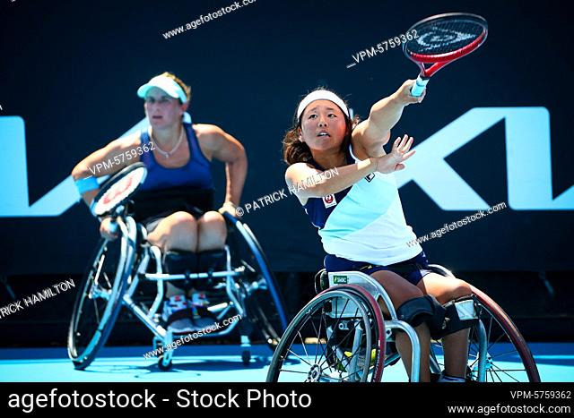 Japanese Yui Kamiji (WTA 2) and British Lucy Shuker pictured in action during the final of the women's wheelchair doubles between Dutch pair De Groot/ / Van...
