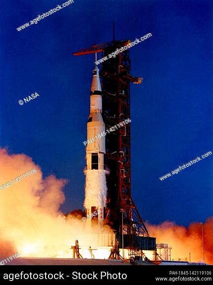 Cape Canaveral, FL - (FILE) -- The Apollo 11 Saturn V is pictured seconds after first-stage ignition for the launch of the first manned mission to land on the...