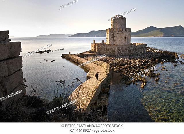 Looking down on the Bourtzi tower a small fortified island and part of the fortress complex at Methoni, Messinia, Southern Peloponnese Greece  The tower was...