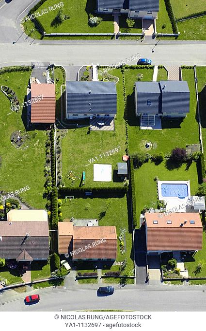 Aerial view of a modern, recent and new housing estate in a french village , Lorraine, France