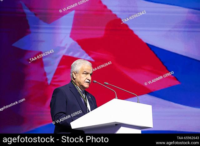 RUSSIA, MOSCOW - DECEMBER 21, 2023: Ambassador Julio Antonio Garmendia Pena speaks during Cuba's investment pitches as part of the Russia Expo international...