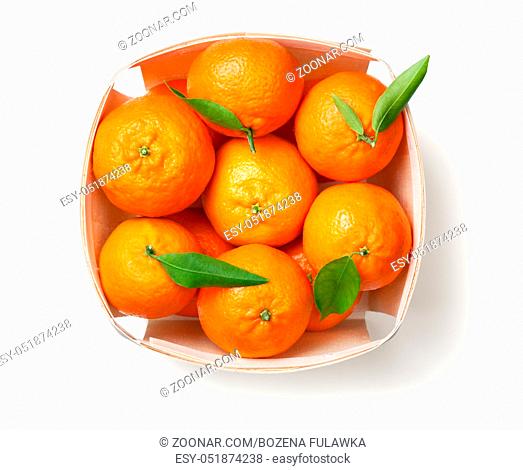 Mandarin orange fruits, tangerine, clementine isolated on white background. Top view