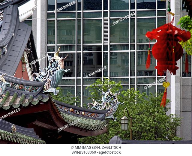 Chinese temple with modern background in Chinatown, Singapore