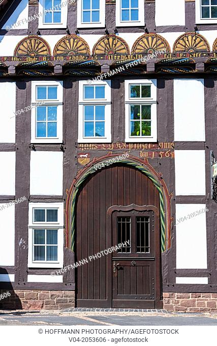Close up of the 16th century former sexton house in Hoexter, North Rhine-Westphalia, Germany, Europe