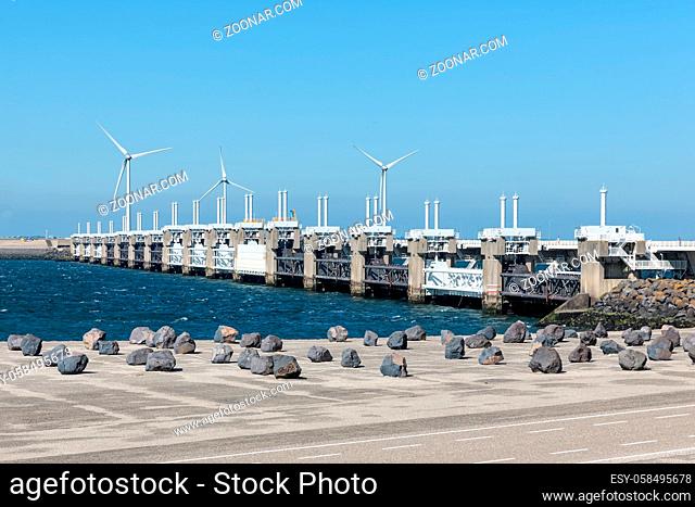 View at Dutch storm barrier Oosterscheldekering in Zeeland, This Delta Work of dams is designed to protect the Netherlands from flooding from the North Sea