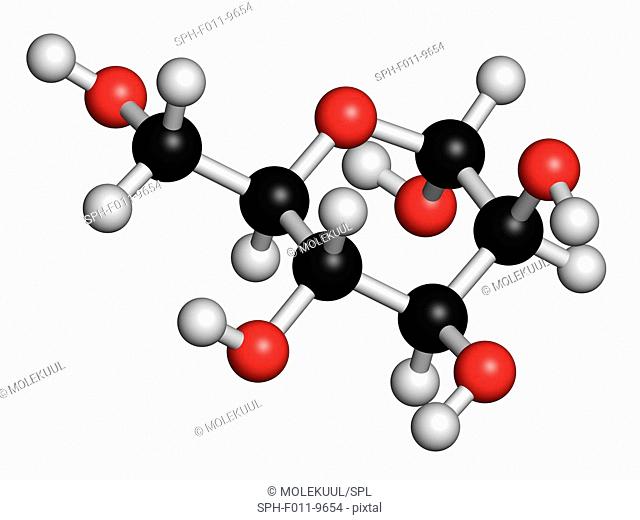 Mannose (D-mannose) sugar molecule. Epimer of glucose. Atoms are represented as spheres with conventional colour coding: hydrogen (white), carbon (black)