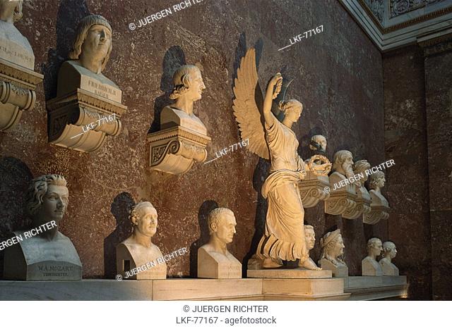 Busts and sculptures inside the Walhalla near Regensburg, Bavaria, Germany