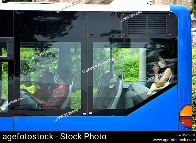Passengers on a bus wearing a mask, Palma de Mallorca, Spain