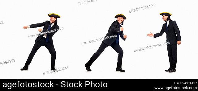 Young businessman pulling the rope isolated on white