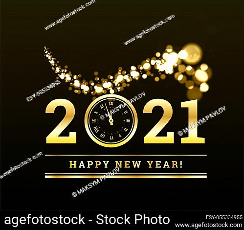 Happy New Year 2021 with gold particles and a clock in the number zero. Vector golden illustration on a dark background