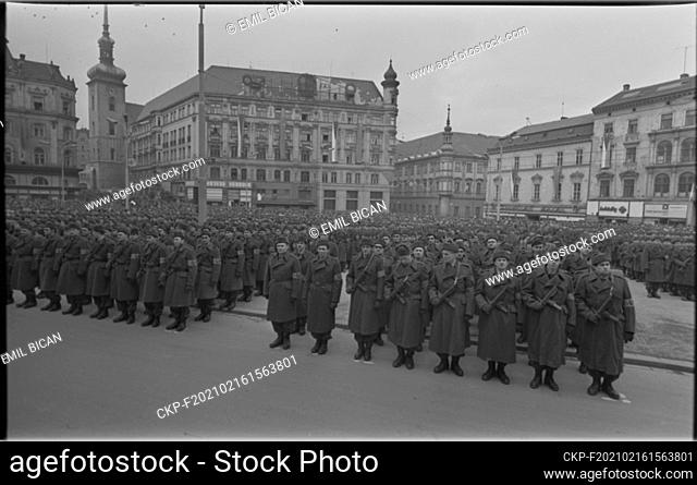 ***FEBRUARY 1968 FILE PHOTO*** On Tuesday, 27 February, a rally of Brno workers, People's Militia units, the army and the SNB was held on Svobody Square in Brno...