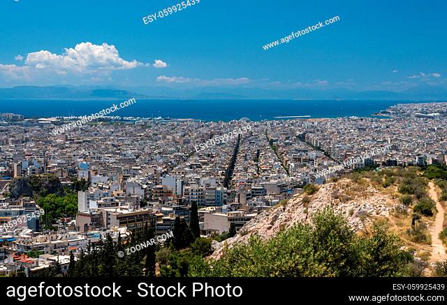 City of Athens to Piraeus port taken from the summit of Filopappou Hill