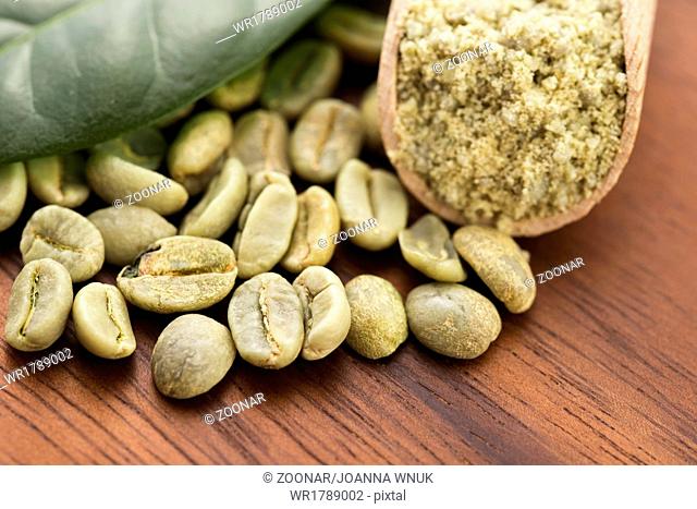 Green coffee beans with leaf