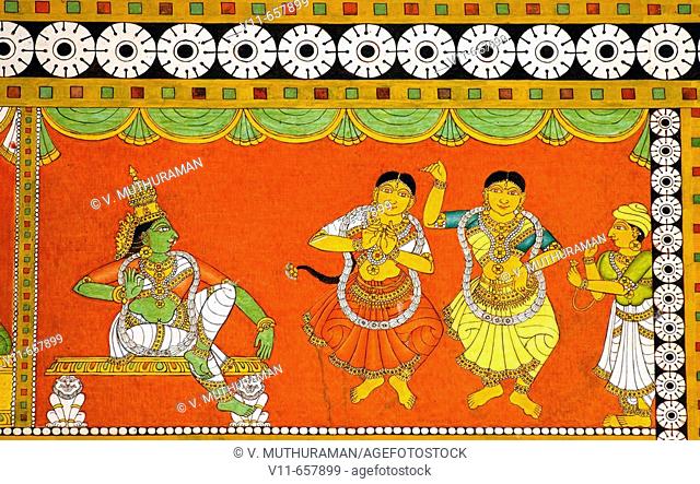 Murals of Thiruvilayadal Puranam (Lord Shivas Game, the collection of 64 stories, composed by Paranjyoti Munivar) in Sri Meenakshi Temple's wall near Golden...