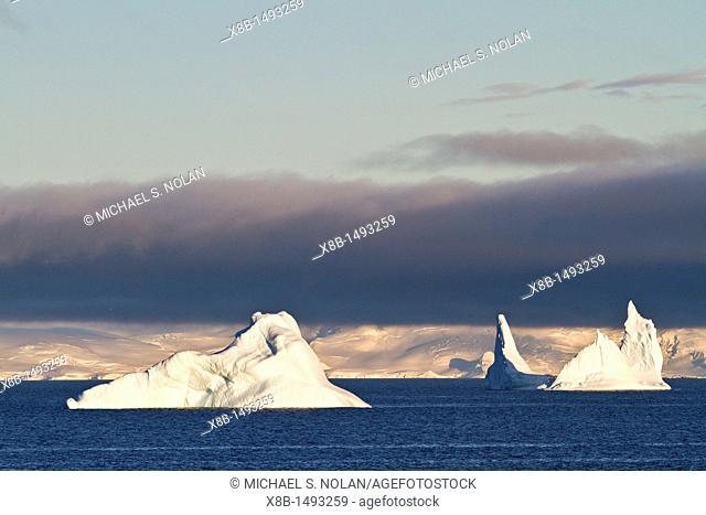 Early morning light catches icebergs in Neko Harbor on the western side of the Antarctic Peninsula during the summer months