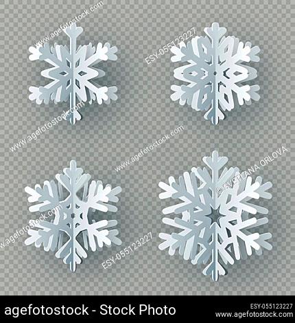 Set of nine different paper snowflake cut from paper isolated on transparent background. Merry Christmas, New Year winter theme decoration object