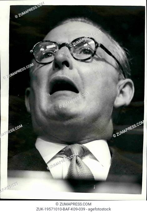 Oct. 10, 1957 - Conservative Party conference at Brighton. Foreign Secretary speaks. Photo shows Mr. Selwyn Lloyd the Foreign Secretary speaking during the...