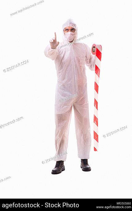 Forensic specialist in protective suit isolated on white