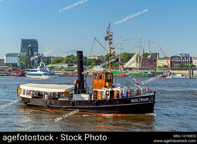 Steamship Woltmann on the Elbe in front of St. Pauli, Hamburg Harbor Birthday, Hanseatic City of Hamburg, Northern Germany, Germany, Europe