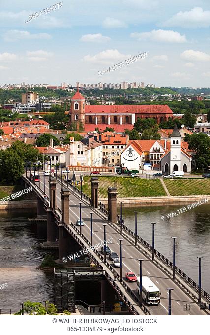 Lithuania, Central Lithuania, Kaunas, elevated view of Sts  Peter and Paul Cathedral, Aleksoto tiltas bridge, and Nemunas riverfront, morning