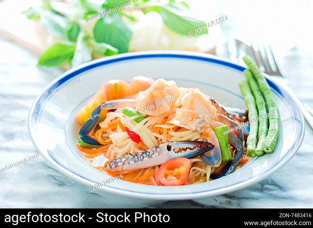Thai food papaya salad with pickled Blue crab