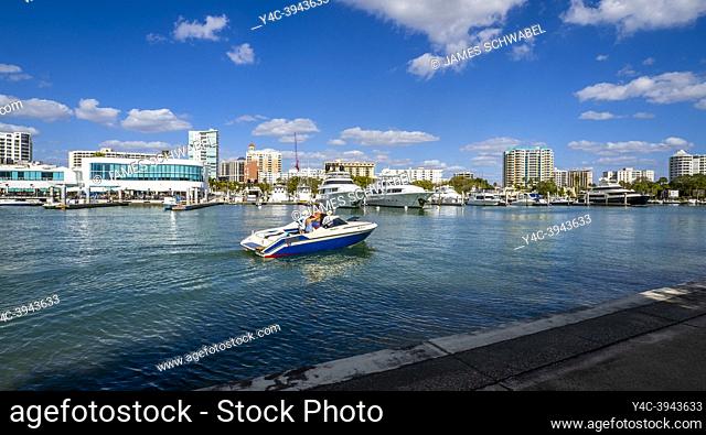 Skyline of Sarasota from Bayfront Park across water in Florida USA