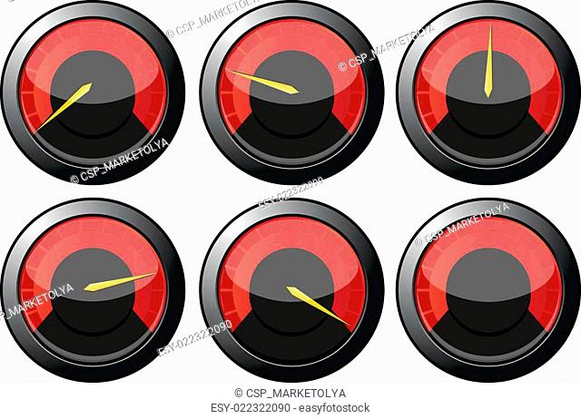 Set of red speedometers for car or power or termometers, vector illustration