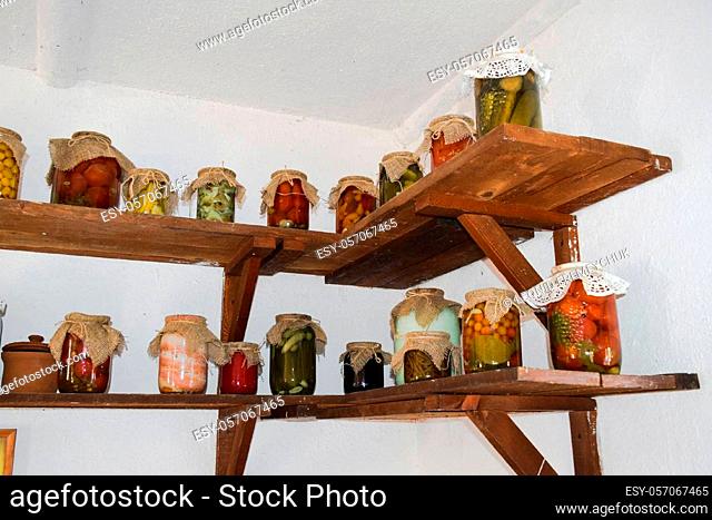 House canned food from vegetables. Stocks of food of residents of the Russian village