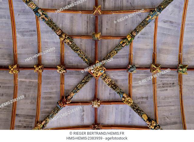 France, Finistere, Pleyben church, wooden painted sculptures on the stringer decorating the vault