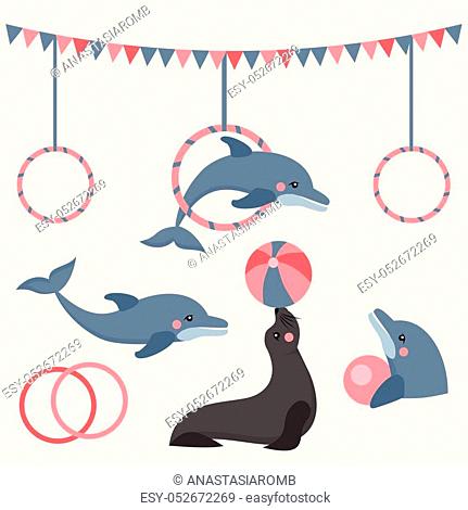 dolphin show dolphinarium, sea lion, seal, aqua circus and ocian animal,  Stock Vector, Vector And Low Budget Royalty Free Image. Pic. ESY-052672269  | agefotostock