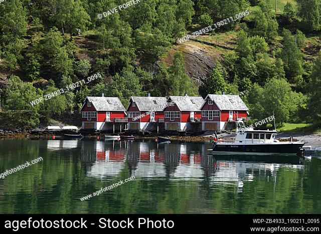Row of houses in the harbour of Flam town, Aurlandsfjorden Fjord, Sogn Og Fjordane region of Norway, Scandinavia, Europe