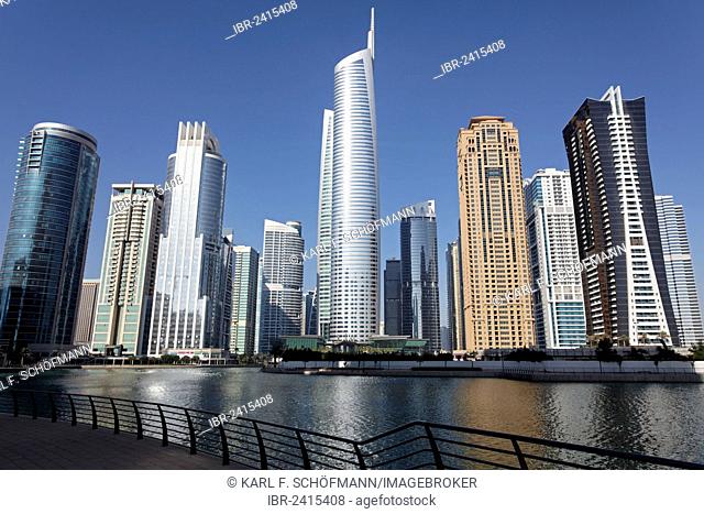 Skyscrapers on an artificial lake, large scale construction project, Jumeirah Lake Towers, Dubai, United Arab Emirates, Middle East, Asia