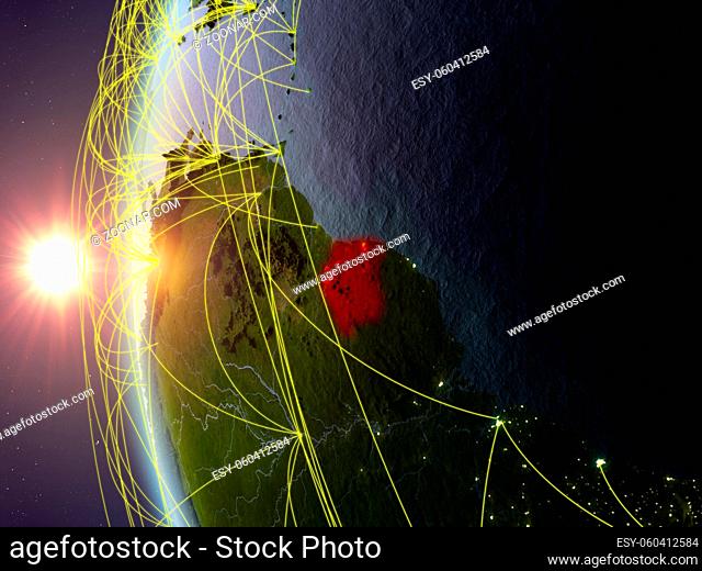 Suriname from space on model of Earth during sunset with international network. Concept of digital communication or travel. 3D illustration