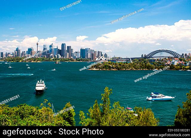 The Sydney skyline seeen from Taronga Zoo on a clear summer's day in Sydney, Australia