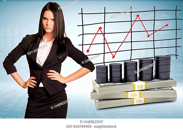 Angry businesswoman with packs dollars and barrels oil. Schedule of price increases in background