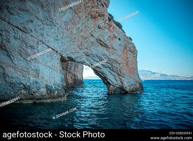 Blue caves on Zakynthos island, Greece .Famous caves with crystal clear waters on Zakynthos island - Blue sky