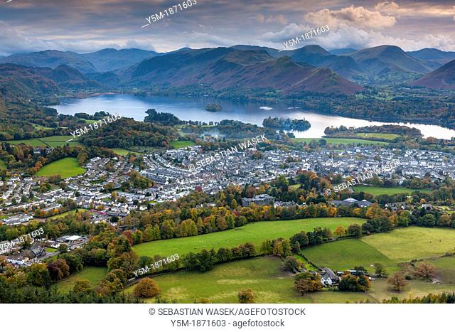View over Keswick and Derwent Water from Latrigg summit, Lake District National Park, Cumbria, England, UK, Europe
