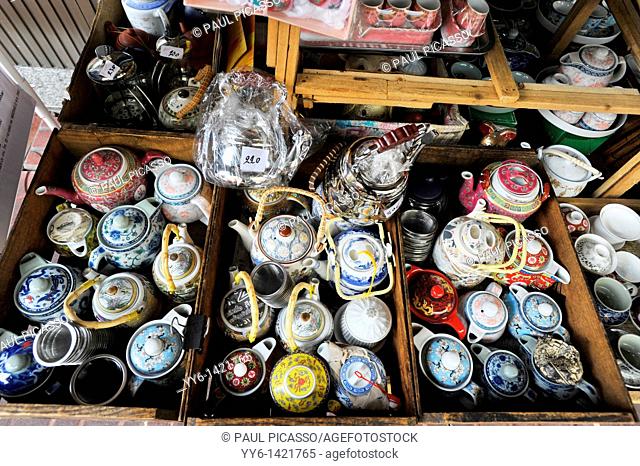 Tea pots and china on display and for sale , Everyday living, street scene , chinatown , bangkok, Thailand