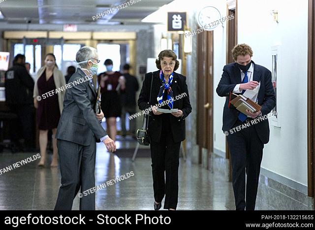 United States Senator Dianne Feinstein (Democrat of California) walks through the Dirksen Senate Office Building in Washington D.C., U.S