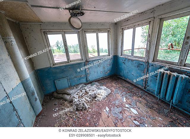 Inside the sinking boat on a Yanov backwater in Pripyat ghost city of Chernobyl Nuclear Power Plant Zone of Alienation in Ukraine