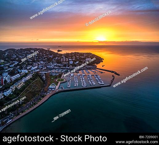 Panorama over Torquay and Torquay Marina from a drone in sunrise time, Torbay, Devon, England, United Kingdom, Europe