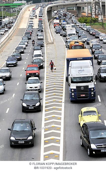 Rush hour, traffic jam, Avenida Marginal Pinheiros, Sao Paulo, Brazil, South America