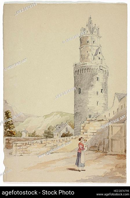 Woman and Child before Walled Town with Tower, n.d. Creator: Elizabeth Murray