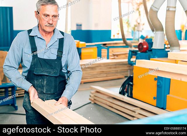 Portrait of an elderly carpenter or carpenter in overalls working with wooden boards in a carpenter's workshop. Sawing wood