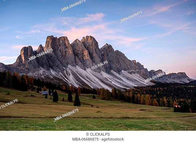 Sud Tirol, Odle group, sunrise at malga Gampen, Trentino Alto Adige, Italy
