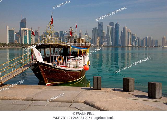 Middle East, Qatar, Doha, Harbour Boat & West Bay Central Financial District from East Bay District