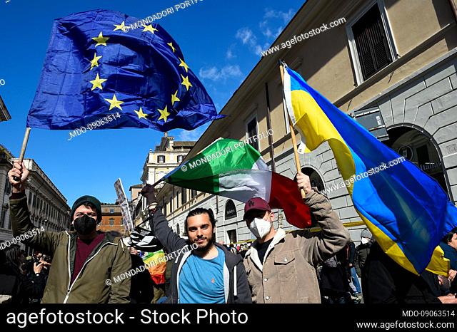 Demonstration against the war in Ukraine, organized by trade unions, peace associations and students. Rome (Italy), February 26th, 2022