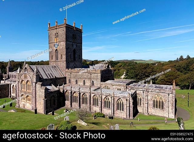 ST DAVID'S, PEMBROKESHIRE/UK - SEPTEMBER 13 : View of the Cathedral at St David's in Pembrokeshire on September 13, 2019. Two unidentied people